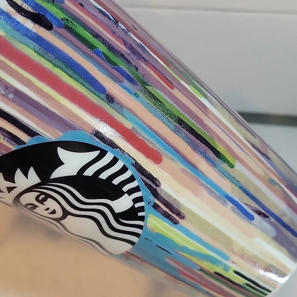 Starbucks 2015 Paint Drip Art Stripe Design Ceramic Travel Cup New No Tags